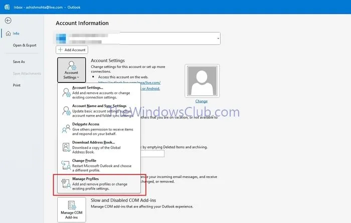 Outlook Manage Profile