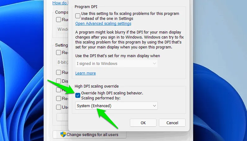 High DPI settings modification in Windows