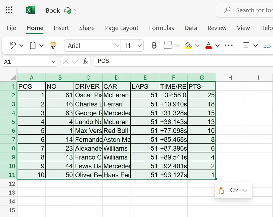 Pasting copied table data from an image into Excel