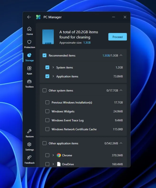 Opzione di archiviazione di PC Manager in Windows 11