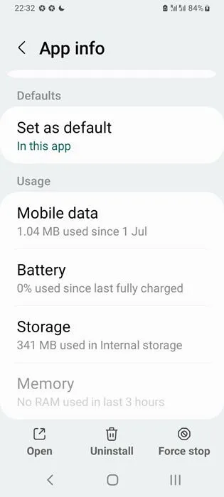 Schermata che mostra le informazioni dell'app per l'utilizzo della batteria e della memoria.