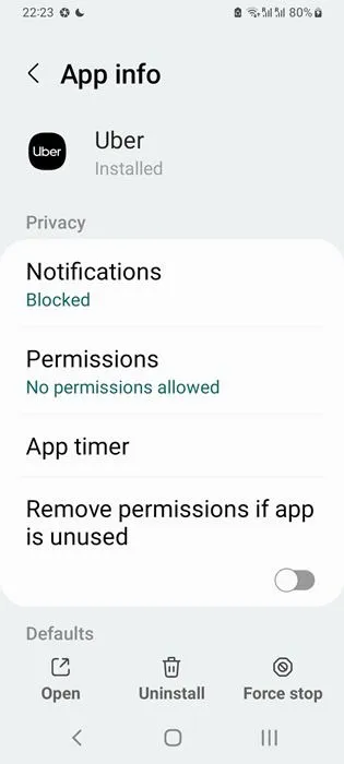 Settings showing blocked notifications and permissions removed for apps.