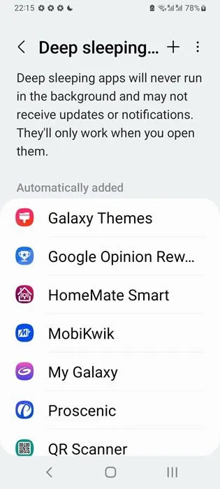 List of apps designated for deep sleep mode on an Android device.