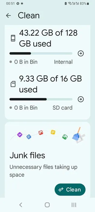 Files by Google アプリによって提供される Android 上のクリーンアップ提案。