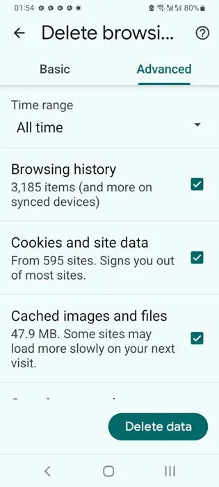 De volledige browsegeschiedenis wissen uit de Google Chrome-app op Android.