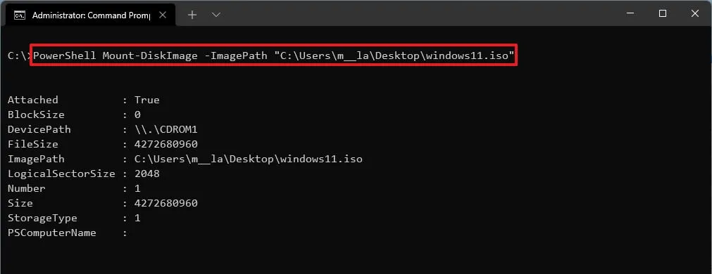 Comando de montaje ISO de PowerShell