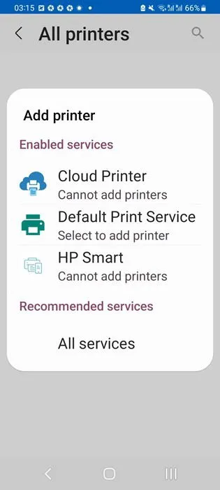 Ajout d'un service d'impression par défaut sur un téléphone Android pour un document.