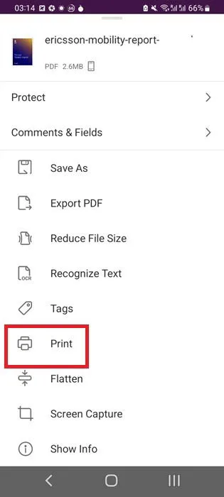 Option d'impression par défaut visible sur les photos, documents et autres d'un téléphone Android.