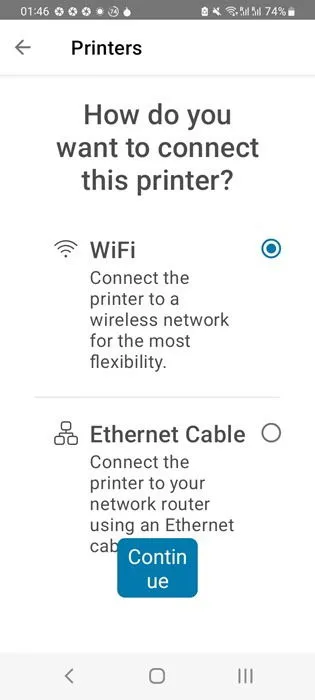 Wi-Fi et câble Ethernet comme options de connectivité dans l'application HP Smart pour Android.