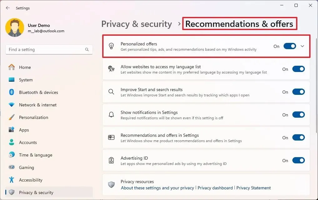 Recommendations and offers settings