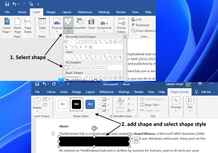 Redact Word content by adding shape