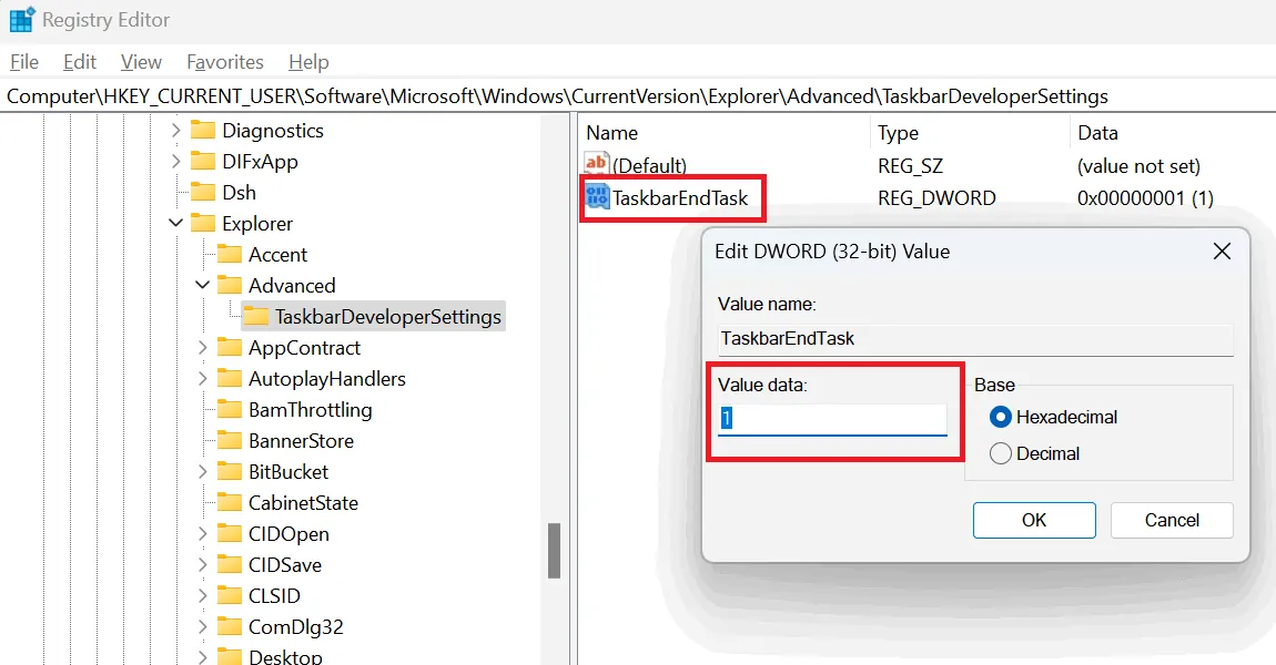 Windows Registry Editor altering the TaskbarEndTask value's data.