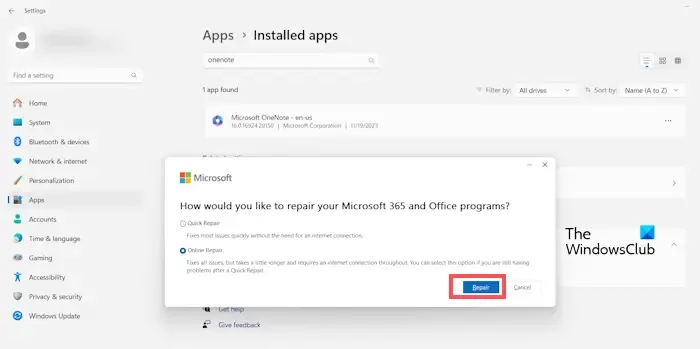 Repair OneNote in Windows 11