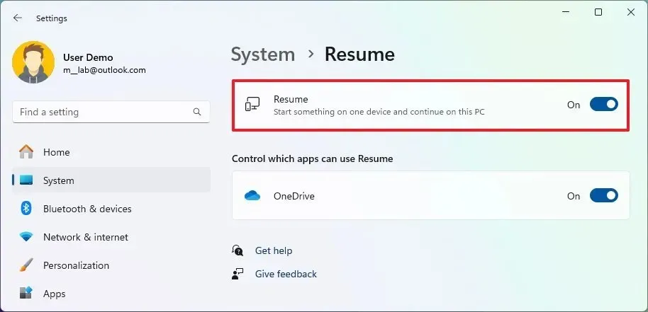 Configuración de reanudación