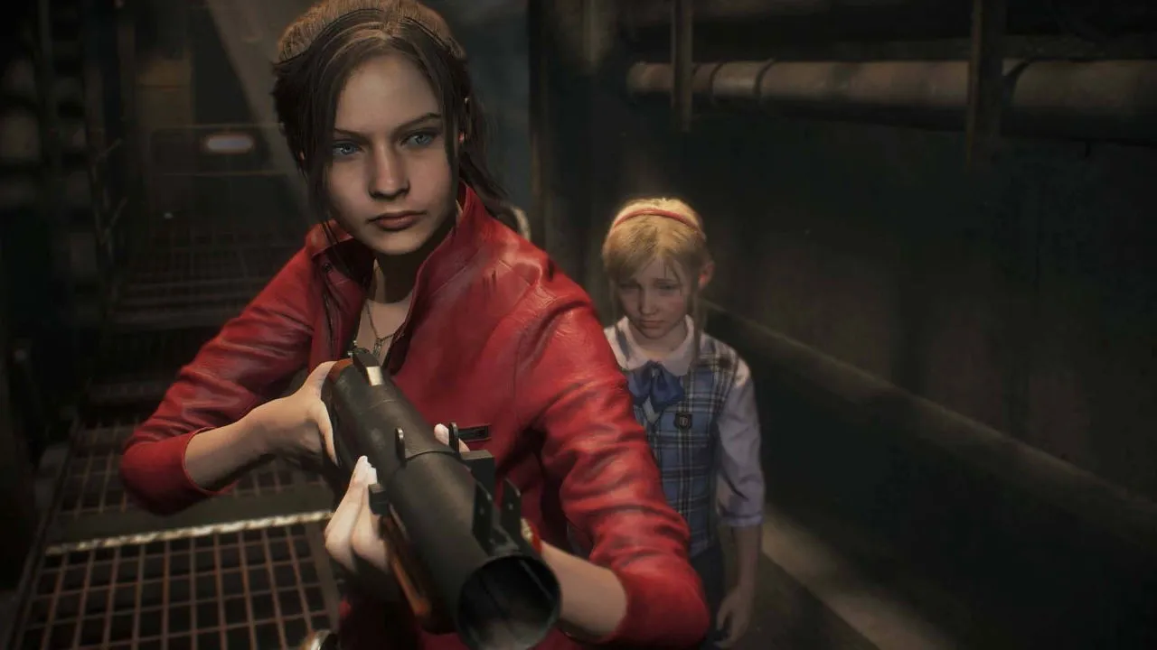 Claire Redfield del remake de Resident Evil 2, vistiendo una chaqueta de cuero roja y empuñando un lanzagranadas, acompañada por una joven de cabello rubio.