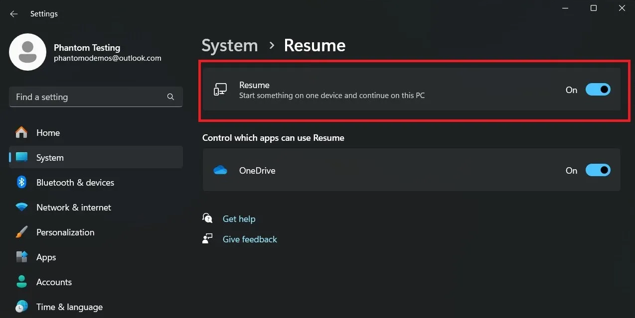 Resume feature in Windows 11 Insider build 22635.4367