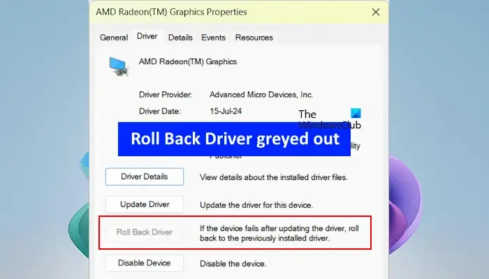 La opción Roll Back Driver aparece en gris