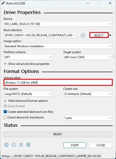 Rufus create Windows 11 USB for arm64