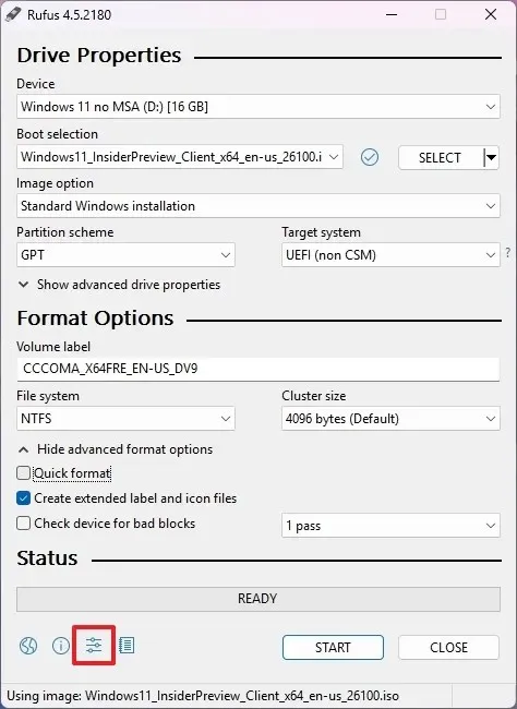 Rufus abre configurações