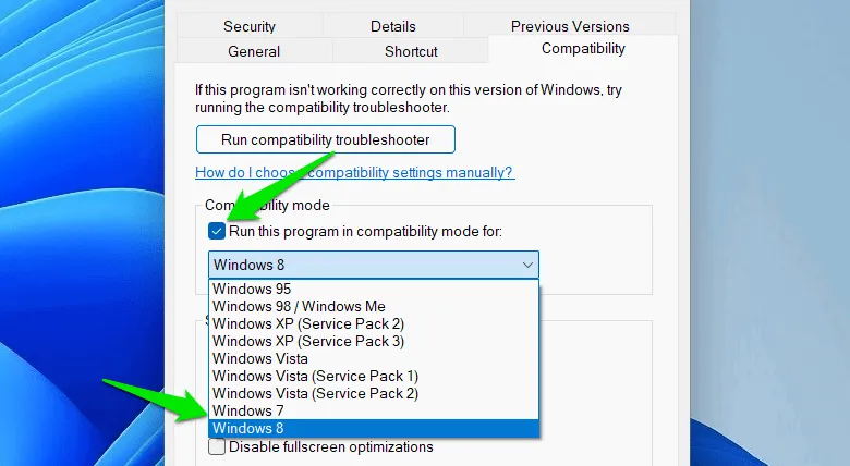 Setting compatibility mode for an application