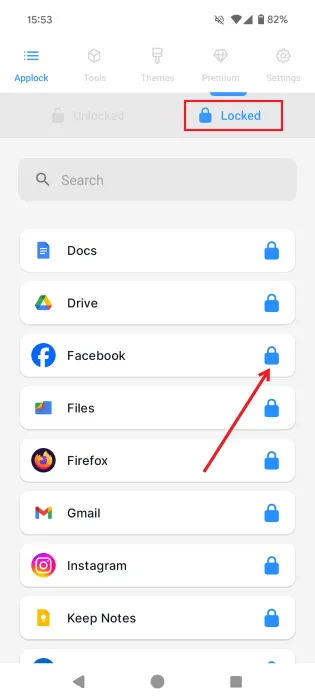 Déverrouillage de l'application dans l'application Applock Pro sur Android.