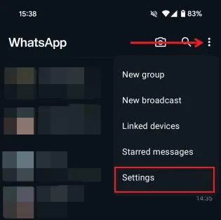 Sélection de l'option Paramètres dans WhatsApp.