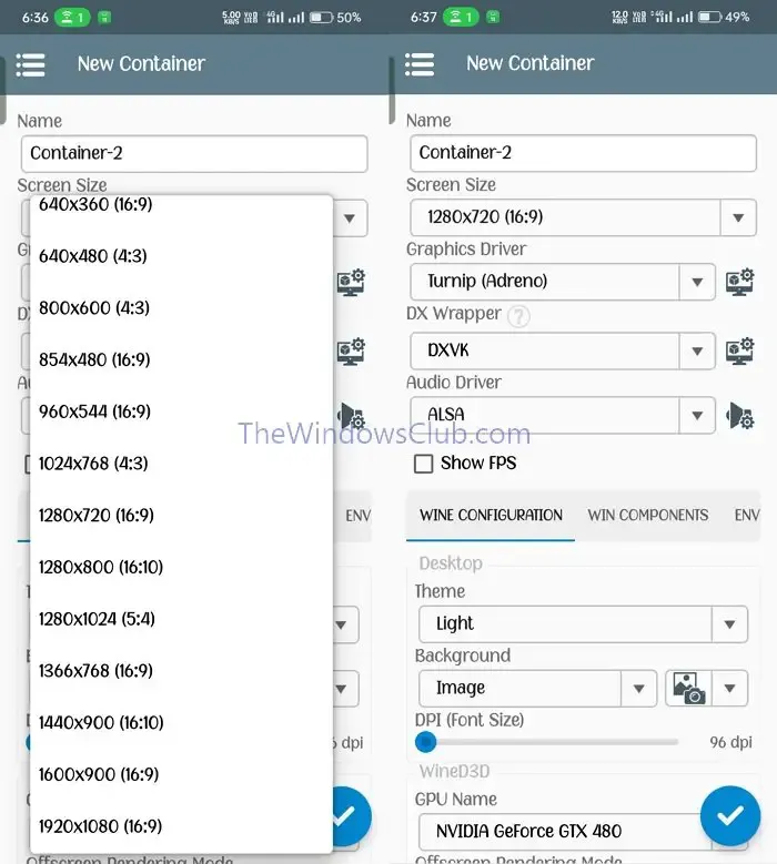 Sélectionnez les conteneurs de résolution Winlator