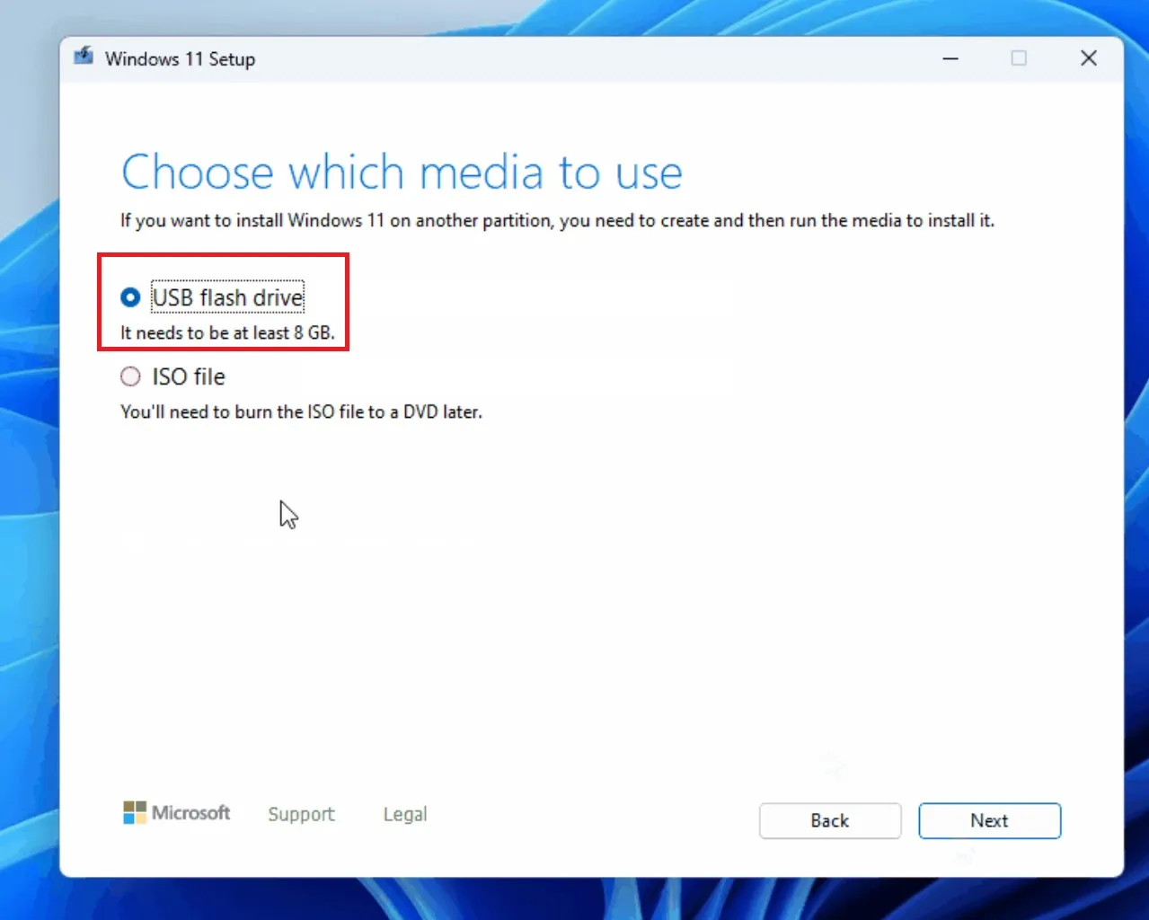 select usb drive in media creation tool