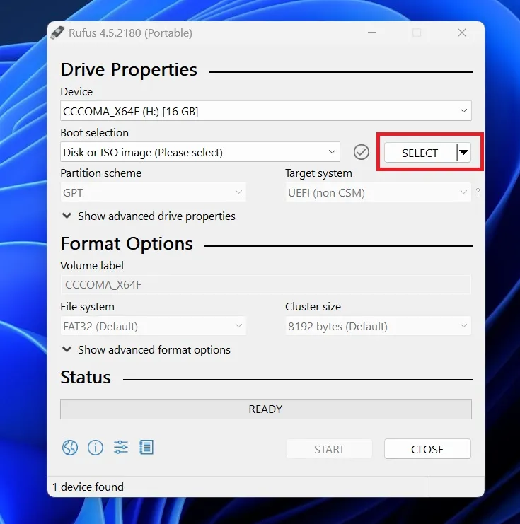 select windows 11 24h2 iso file in rufus