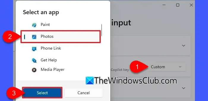 Selecting an app for Customize Copilot key on keyboard