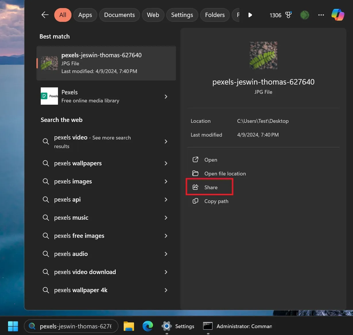 bestanden delen via taakbalk zoeken in windows 11 24h2