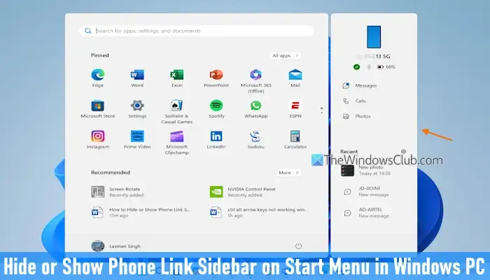 Toon telefoonlink zijbalk startmenu