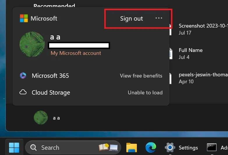 sign out and switch user options in start menu windows 11 24h2