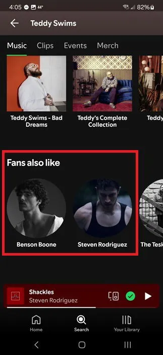 Exploring Fans Also Like section on Spotify.