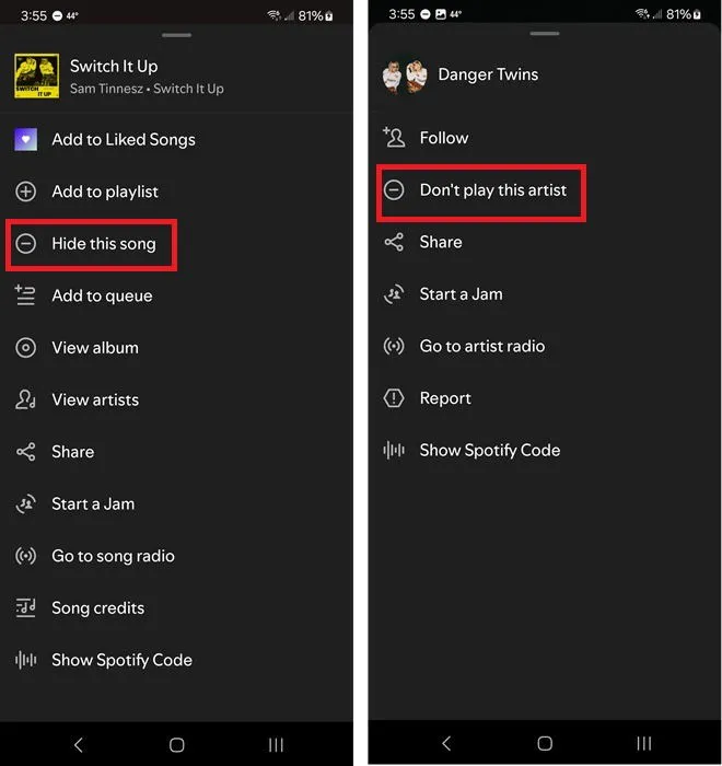 Hiding songs and artists in Spotify.
