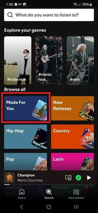 Przeglądanie sekcji Spotify „Stworzone dla Ciebie”.