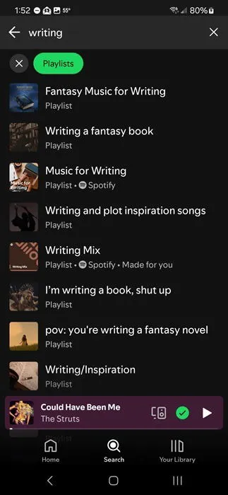 Searching for Spotify playlists related to writing.