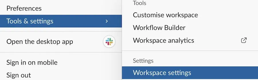 selecione as configurações do espaço de trabalho no aplicativo slack