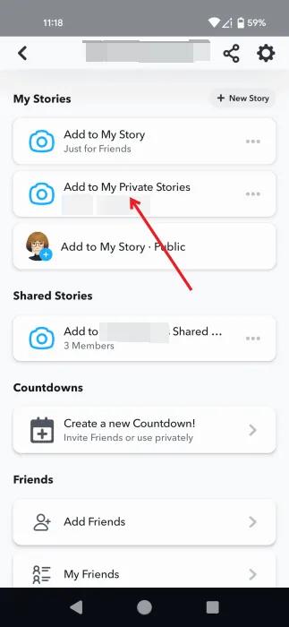 Adding content to personal story on Snapchat app.