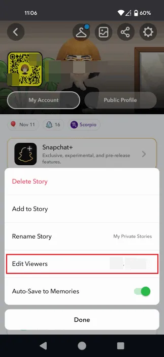 Edición de audiencia para la historia privada de Snapchat.