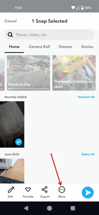 Sélectionnez Plus pour déplacer les Snaps dans Memories.