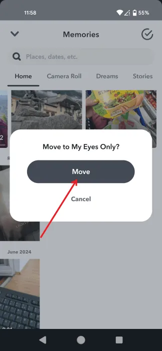 Moving snaps to a secure area in Snapchat.