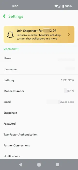 Viewing personal details in Snapchat app.