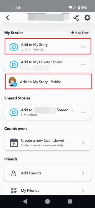 Option for public or friend-only stories on Snapchat.