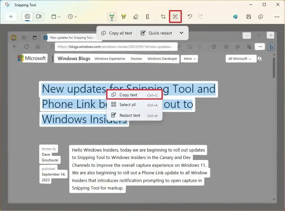 Snipping Tool extract text from screenshot