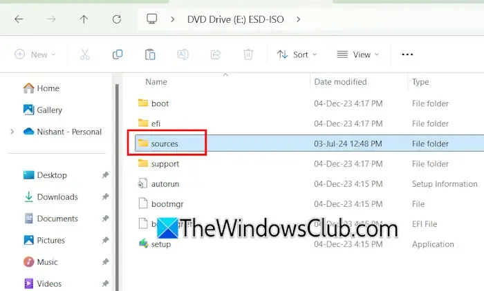 Dossier sources dans le support d'installation de Windows