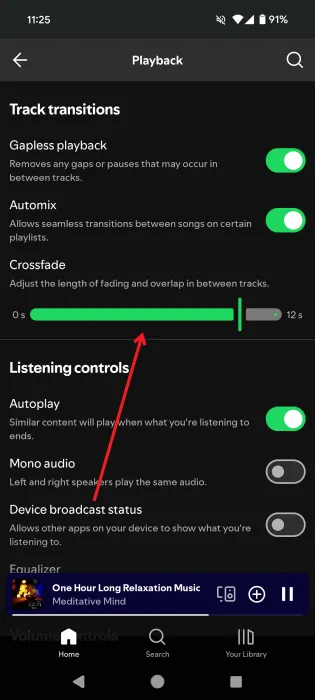 Regolazione dell'opzione Crossfade nell'app Spotify.