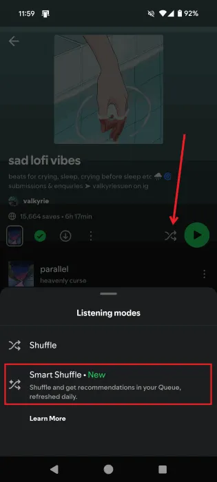 Activating Smart Shuffle in Spotify app.