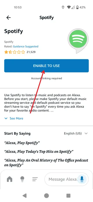 Abilitazione della skill Spotify nell'app Amazon Alexa.