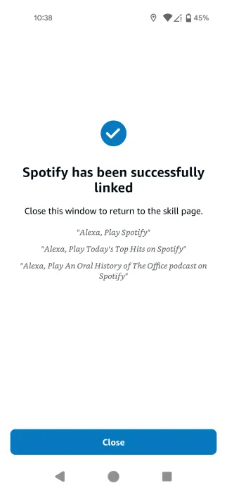 Spotify successfully linked via Amazon Alexa app.